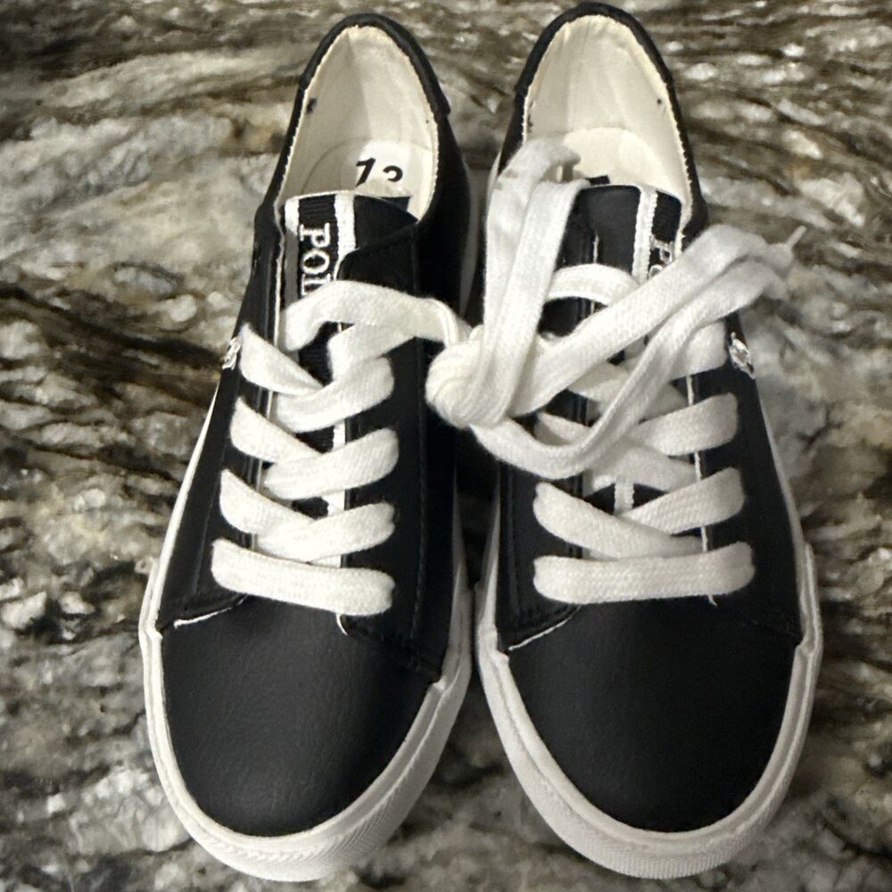 Polo Ralph Lauren Youth Boys Size 13 Black Leather Low Top Sneakers Shoes New